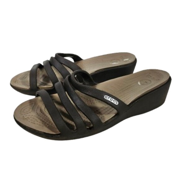 Crocs Rhonda wedge sandals brown women's size 6 strappy - Picture 1 of 9